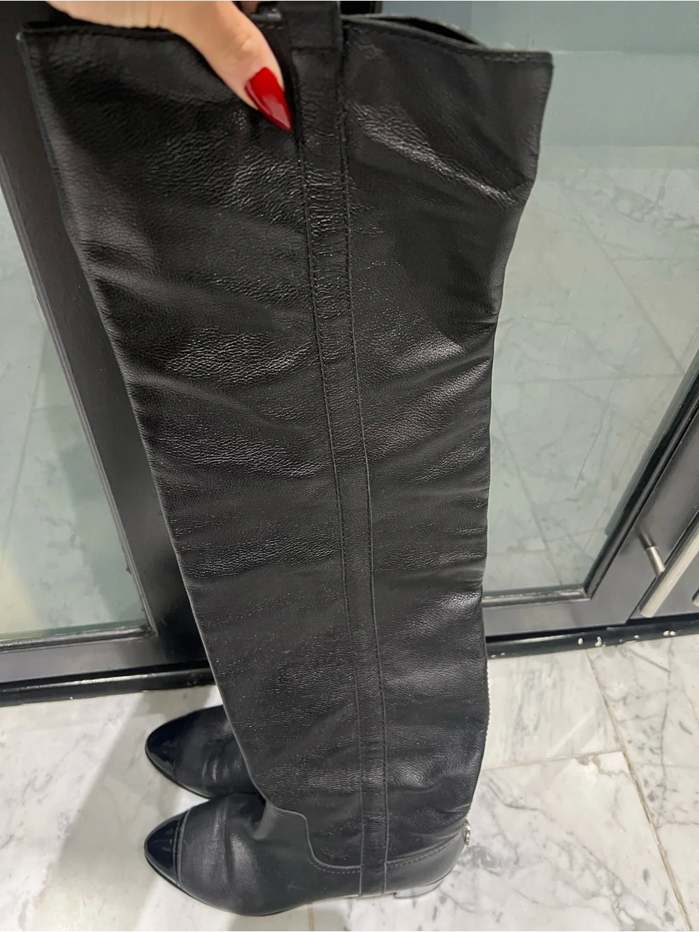 CHANEL Black Leather Over-the-Knee Boots (with CC detail)